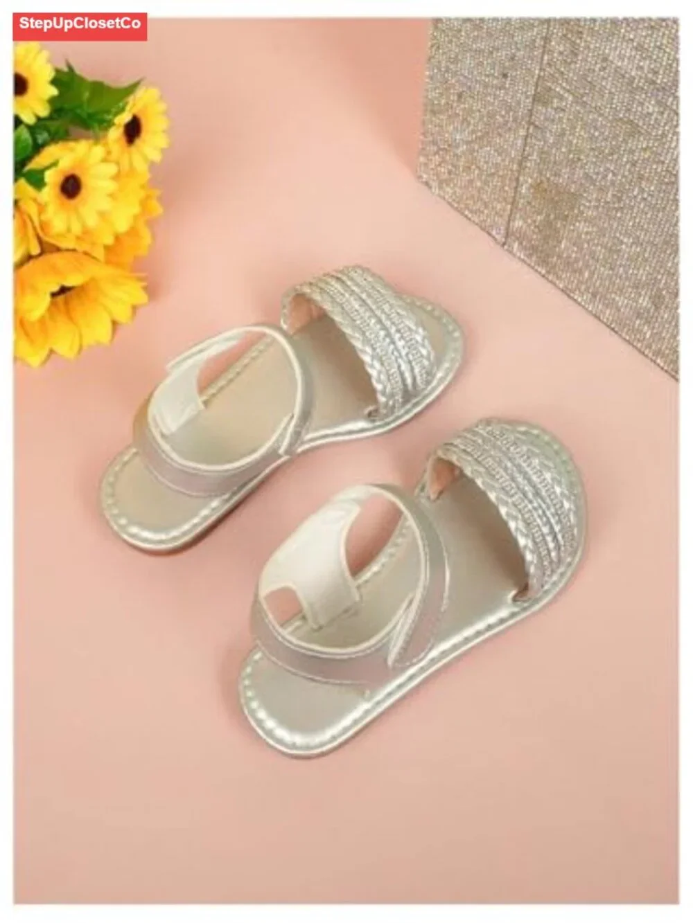 Girls Braided Flat Sandals Sparkly Open Toe Ankle Strap Summer Dress Shoes